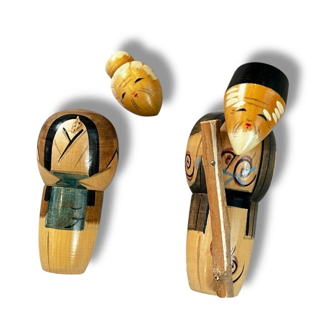 Kokeshi Doll Set Old Man Old Woman Painted Wood 5" Folk Art FLAW Vintage 70s